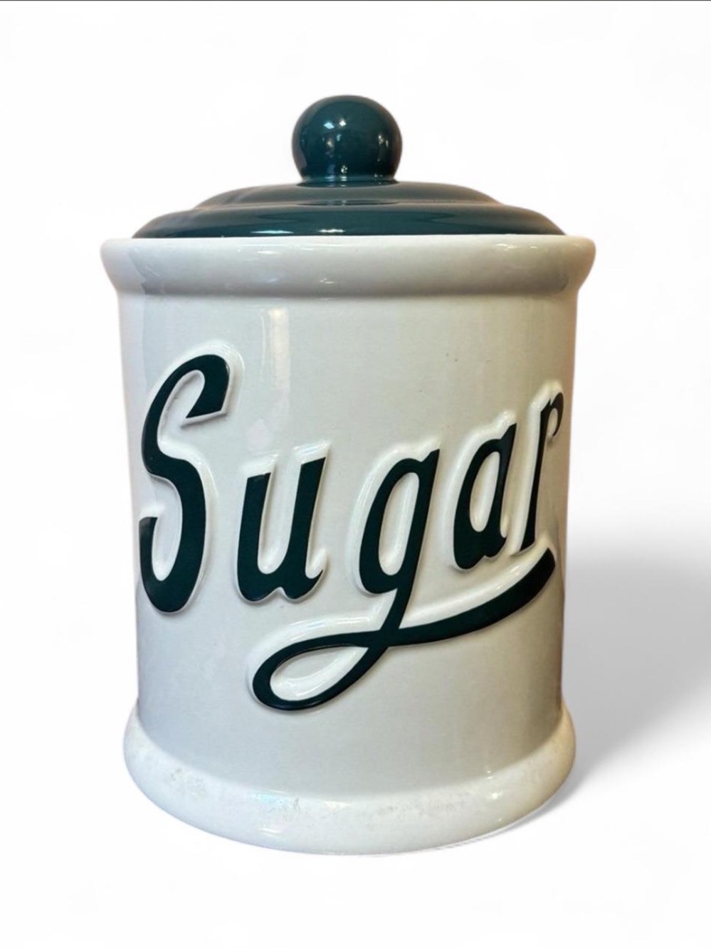 Vintage Retro Himark Ceramic Sugar Canister w/ Lid, White/Green